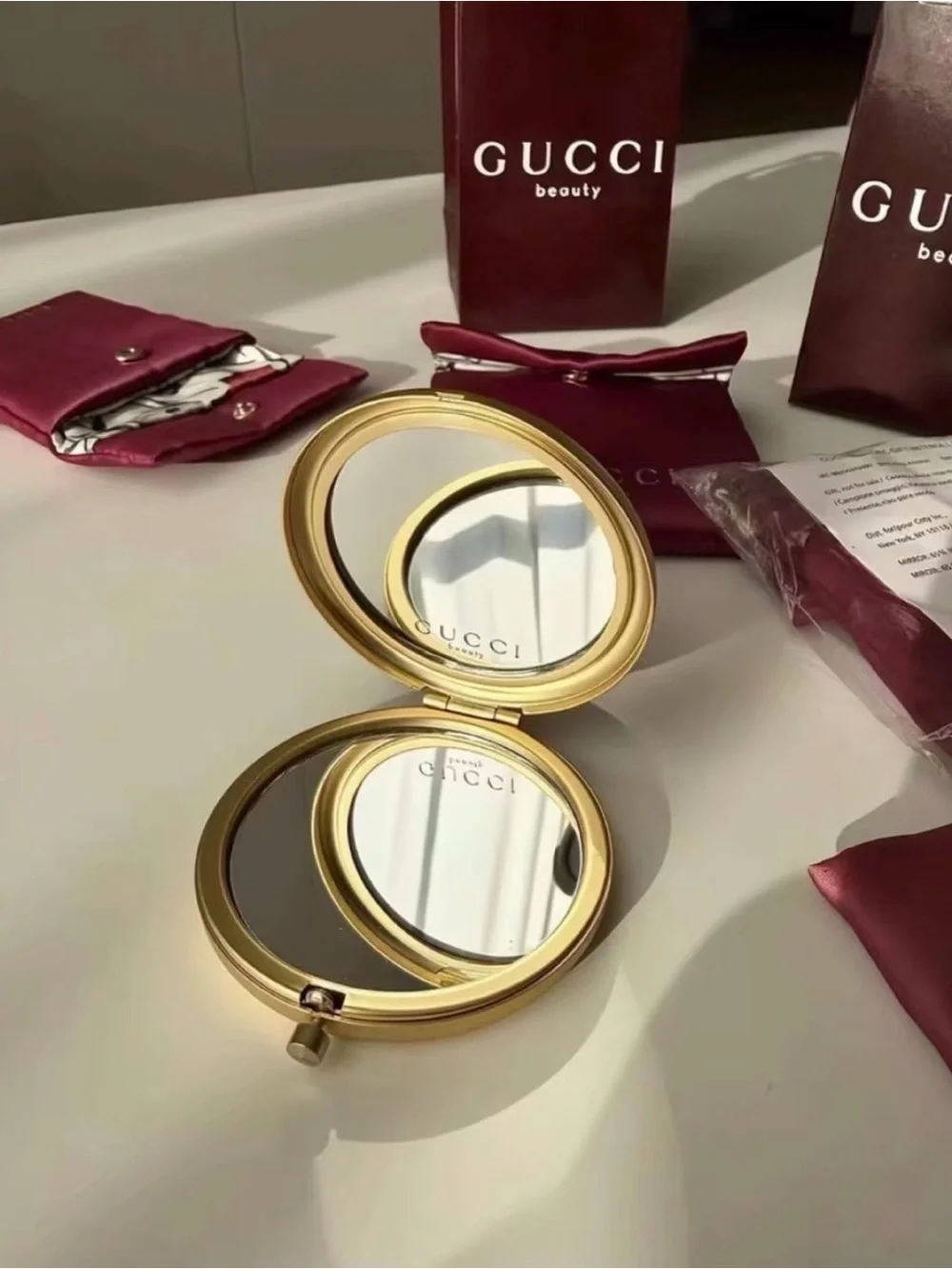 Gucci Floral Compact mirror with Pink Satin Pouch
